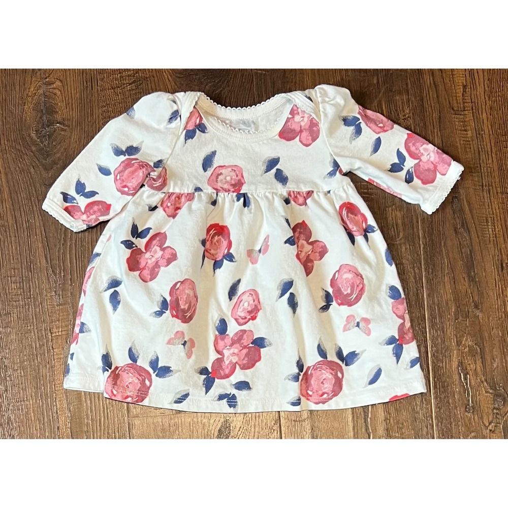 Old Navy Baby Girl Pink Floral Long Sleeve Cotton Dress 0-3 Months Butterfly